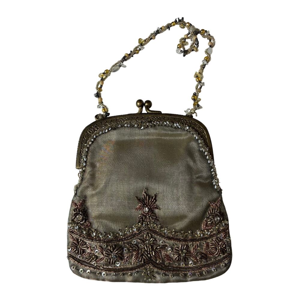 Vintage Moyna Beaded Kiss Lock Purse Pewter Victorian Small Dainty Floral Gala
